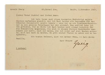 ARNOLD ZWEIG. Two Typed Letters Signed, Zweig, to Abraham Yaskil, in German.